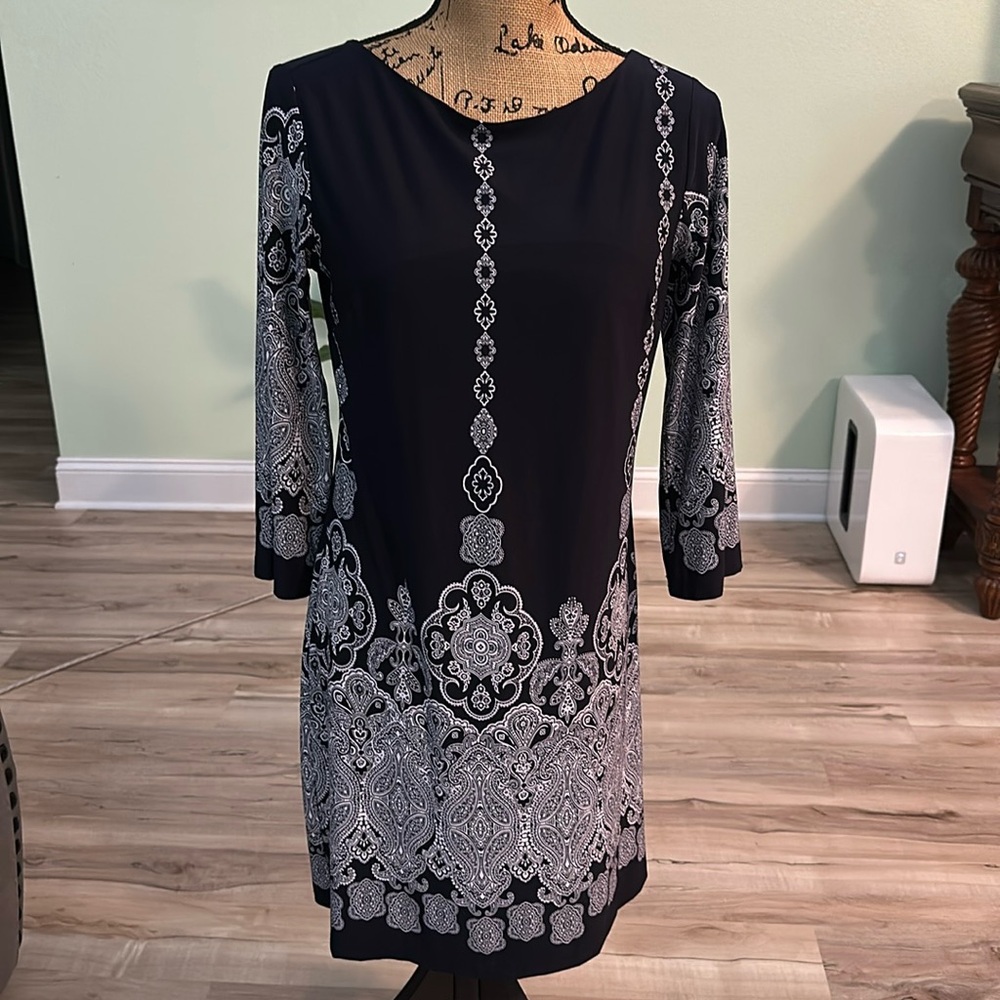 Enfocus Studio Dark Blue and White Long Sleeve Dress